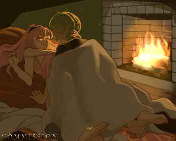 Rule 34 | 1boy, 1girl, armpits, barefoot, black shirt, breasts, camisole, ceroccb, commission, fire emblem, fire emblem: three houses, fireplace, green hair, highres, hilda valentine goneril, hilda valentine goneril (timeskip), implied sex, large breasts, lying, male byleth (awakened) (fire emblem), male byleth (fire emblem), night, nintendo, off shoulder, official alternate hair color, on back, pink camisole, pink eyes, ponytail, shirt, sideboob, smile, under covers