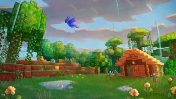 bird blue_flower blue_sky cloud commentary_request devil_uo flower flower_pot flying full_body grass house jungle minecraft nature no_humans outdoors parrot parrot_(minecraft) plant puddle pumpkin rain reflection reflective_liquid ripples scenery sky solo tree vines water white_flower yellow_flower