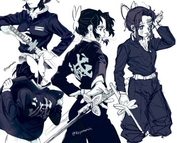 1girl artist_name belt breasts butterfly_hair_ornament closed_mouth clothes_writing demon_slayer_uniform greyscale hair_ornament hand_on_own_hip hand_up highres holding holding_sword holding_weapon kimetsu_no_yaiba kochou_shinobu koyomania long_sleeves monochrome multiple_views parted_bangs removing_jacket scar scar_on_face sheath short_hair sidelocks simple_background small_breasts sword sword_writing twitter_username unsheathing weapon white_background