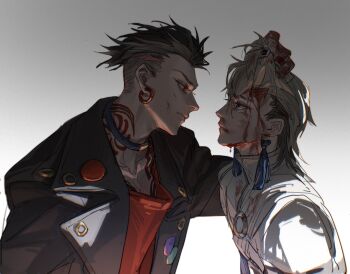 Rule 34 | 2boys, black coat, blood, blood on face, blue eyes, closed mouth, coat, commentary request, earrings, enjin (gachiakuta), eye contact, from side, gachiakuta, grabbing another's hair, gradient background, grey background, highres, holding another's hair, hoop earrings, jewelry, looking at another, maggot83682214, male focus, multiple boys, neck tattoo, red eyes, red shirt, red tattoo, shirt, tassel, tassel earrings, tattoo, two-tone background, undercut, white hair, zanka nijiku