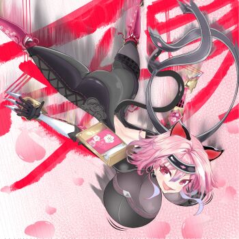 1girl :3 animal_ears arm_under_breasts armor ass backless_bodysuit black_headband blush bouncing_breasts breasts cat_ears cat_girl cat_tail catsuit claws commentary covered_navel english_commentary falling hair_between_eyes hair_intakes headband highres huge_breasts mooboy neptune_(series) ninja open_mouth pink_hair senran_nin_nin_ninja_taisen_neptune:_shoujo-tachi_no_kyouen short_hair shoulder_armor solo tail vambraces yuuki_(senran_nin_nin_ninja_taisen_neptune_shoujo_no_kyouen)