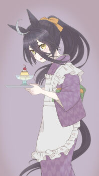 1girl absurdres ahoge animal_ears apron bowl cherry cream food frilled_apron frills fruit green_ribbon grey_background hair_between_eyes hair_ribbon hands_up high_ponytail highres holding holding_tray horse_ears horse_girl horse_tail japanese_clothes kimono long_hair long_hair_between_eyes long_sleeves maid manhattan_cafe_(umamusume) multicolored_hair okk1772 parted_lips ponytail pudding purple_kimono ribbon simple_background smile solo tail tray umamusume very_long_hair wa_maid white_apron white_hair wide_sleeves