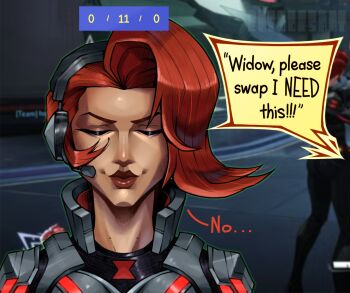 1girl black_bodysuit black_widow bodysuit closed_eyes commentary english_commentary english_text ertdoesart game_screenshot_background grey_armor headset highres ishowspeed_trying_not_to_laugh_(meme) marvel marvel_rivals meme natasha_romanoff red_hair red_lips screenshot_background short_hair solo speech_bubble upper_body