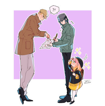 Rule 34 | !?, 1girl, 2boys, anya (spy x family), arm up, awarinko, backpack, bag, beret, black boots, black dress, black hair, black hat, black pants, black shoes, boots, border, brown hair, brown hat, brown jacket, newsboy cap, character request, dress, flat cap, gradient hair, green eyes, green jacket, grey hat, grey pants, hat, highres, holding, holding map, holding pen, jacket, lace-up boots, long sleeves, map, multicolored hair, multiple boys, outline, pants, pantyhose, pen, pink hair, puffy long sleeves, puffy sleeves, purple background, school uniform, shading eyes, shared speech bubble, shoe soles, shoes, signature, sparkle, speech bubble, spoken interrobang, spy x family, standing, twitter username, white border, white outline, white pantyhose, yuri briar