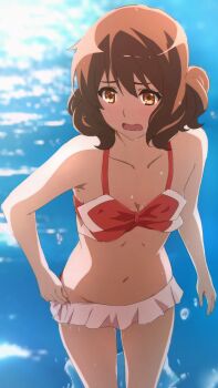 1girl adjusting_clothes adjusting_swimsuit anime_coloring bikini blush bow bow_bikini breasts brown_eyes brown_hair cleavage collarbone commentary english_commentary feet_out_of_frame frilled_bikini frills groin hair_between_eyes hibike!_euphonium highres mixed-language_commentary navel open_mouth oumae_kumiko outdoors short_hair small_breasts solo splashing stomach swimsuit thighs usagihop wading water wavy_hair wavy_mouth wet