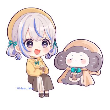 1girl :d absurdres black_choker black_outline blue_hair blush brown_shoes brown_skirt bukucha_(iriam) chibi choker commentary_request full_body grey_hair highres hood hoodie iriam miria_(iriam) monkey multicolored_hair open_mouth outline purple_eyes rino_cnc second-party_source shoes simple_background sitting skirt smile twitter_username two-tone_hair white_background yellow_hoodie