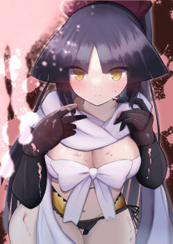 1girl absurdres black_hair blush bow breasts commentary_request fate/grand_order fate_(series) highres joints katou_danzou_(fate) long_hair looking_at_viewer mechanical_arms mechanical_legs medium_breasts moyashi_(pixiv44153669) paint ponytail robot_girl robot_joints scarf white_scarf yellow_eyes