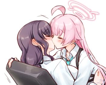 2girls ahoge blue_archive blue_necktie blush brown_hair closed_eyes collared_shirt commentary female_sensei_(blue_archive) halo hoshino_(blue_archive) kiss long_hair multiple_girls necktie pink_hair rarasa_(rarasa) sensei_(blue_archive) shirt simple_background symbol-only_commentary white_background white_shirt yuri