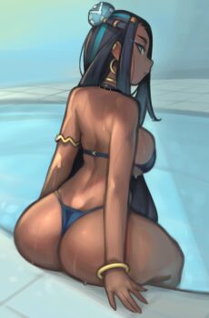 1girl absurdres aqua_eyes aqua_hair armlet ass bangle bikini black_hair bracelet breasts dark-skinned_female dark_skin earclip earrings eyeliner gold_bracelet gold_choker hair_bun halterneck highres hoop_earrings jewelry kelvin_hiu large_breasts long_hair looking_back makeup multicolored_hair nessa_(pokemon) nintendo pokemon pokemon_swsh pool poolside sideboob single_hair_bun soaking_feet solo streaked_hair string_bikini swimsuit thong_bikini very_dark_skin water wet wide_hips
