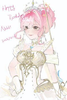 Rule 34 | 1girl, absurdres, armor, bare shoulders, breastplate, brown eyes, butterfly net, character name, chinese commentary, closed mouth, clothing cutout, collar, commentary request, cowboy shot, dated, detached collar, dress, earrings, english text, eyelashes, frilled arm warmers, hair between eyes, hair intakes, hand net, hand on own hip, happy, happy birthday, high collar, highres, holding, holding sword, holding weapon, infinity nikki, jewelry, jianchi zao shui de diyi tian, lace collar, light blush, lipstick, looking ahead, makeup, melody bloom (infinity nikki), nikki (nikki), nikki (series), pink hair, pink lips, rapier, short hair with long locks, short sleeves, shoulder cutout, sidelocks, simple background, smile, solo, sparkle, standing, sword, tiara, weapon, white arm warmers, white background, white collar, white dress