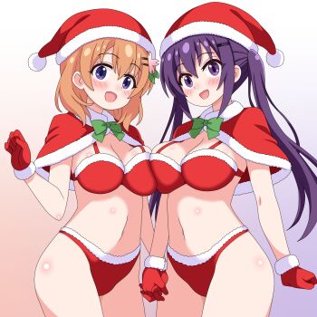 2025 2girls asymmetrical_docking bikini blush bow breast_press breasts christmas commentary flower fur-trimmed_bikini fur-trimmed_gloves fur-trimmed_headwear fur_trim gloves gochuumon_wa_usagi_desu_ka? gradient_background green_bow hair_between_eyes hair_flower hair_ornament hairclip hat highres hoto_cocoa long_hair looking_at_viewer low_twintails medium_breasts merry_christmas multiple_girls navel open_mouth purple_hair red_bikini red_gloves red_hat sakuzo santa_bikini santa_costume santa_hat short_hair simple_background smile standing swimsuit tedeza_rize translation_request twintails