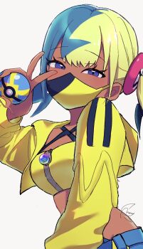 1girl bandeau blue_eyes blue_pants canari_(pokemon) cropped_jacket eyelashes hand_up highres holding holding_poke_ball holding_with_gesture hood hood_down hooded_jacket jacket long_sleeves looking_at_viewer mask meru_merume603 mixed-language_commentary mouth_mask multicolored_hair nail_polish nintendo open_clothes open_jacket pants poke_ball pokemon pokemon_legends:_z-a quick_ball short_twintails signature solo twintails upper_body v white_background yellow_bandeau yellow_jacket zipper zipper_pull_tab
