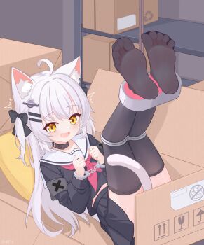 1girl absurdres ahoge animal_ear_fluff animal_ears black_thighhighs bound box cardboard_box cat_ears cat_girl cat_tail collar commentary_request cuffs eugenecolin feet hair_ornament highres in_box in_container large_variant_set long_hair long_sleeves neckerchief no_shoes open_mouth original paid_reward_available pleated_skirt sailor_collar school_uniform serafuku skirt soles solo tail thighhighs toes variant_set white_hair white_sailor_collar yellow_eyes