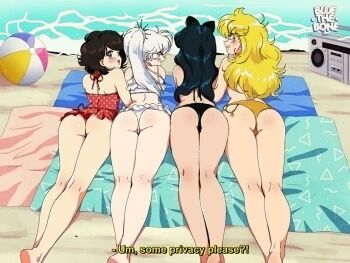 1980s_(style) 4girls ass beach_volleyball bikini black_hair blake_belladonna bluethebone boombox bow english_text frown hair_bow long_hair looking_back multiple_girls oldschool ponytail radio retro_artstyle ruby_rose rwby short_hair side_ponytail swimsuit weiss_schnee white_hair yang_xiao_long