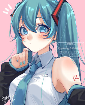 1girl absurdres arm_tattoo blue_eyes blue_hair blue_nails blue_necktie blue_trim blush breasts closed_mouth collared_shirt detached_sleeves hair_between_eyes hair_ornament hatsune_miku highres long_hair long_sleeves looking_at_viewer mai_mugi medium_breasts necktie notice_lines number_tattoo pink_background shirt signature simple_background sleeveless sleeveless_shirt solo tattoo twintails very_long_hair vocaloid watermark white_shirt