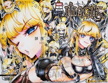 1girl absurdres arm_under_breasts armor barcode belt black_gloves black_horns black_nails black_shirt black_shorts black_thighhighs blonde_hair blue_eyes breasts brown_belt character_name chibi chibi_inset cleavage cleavage_cutout clothing_cutout commentary copyright_logo copyright_name cover_sketch crop_top fingerless_gloves gauntlets gloves hashtag-only_commentary highres holding holding_sword holding_weapon horns large_breasts logo long_hair looking_at_viewer lying magik_(x-men) marvel multiple_views navel on_stomach one_eye_closed pauldrons qr_code sample_watermark shirt shorts shoulder_armor single_fingerless_glove single_gauntlet smile solo spiked_gauntlets spiked_pauldrons spikes sunao_saito sword symbol-only_commentary thighhighs torn_clothes torn_shirt torn_thighhighs watermark weapon x-men