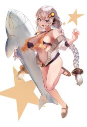 Rule 34 | 1girl, absurdres, alternate costume, bikini, black bikini, blue eyes, braid, breasts, earpiece, full body, grey hair, hair ornament, hand up, highres, hiragi sage, holding, holding toy, inflatable shark, inflatable toy, jacket, jacket over swimsuit, jacket partially removed, jewelry, kizuna akari, large breasts, long hair, looking at viewer, low twin braids, partially unzipped, pendant, shoes, simple background, solo, standing, standing on one leg, star (symbol), swimsuit, toy, twin braids, very long hair, voiceroid, white background, white jacket