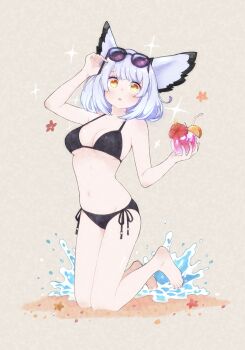 1girl animal_ears arknights arm_up bare_arms bare_legs bare_shoulders barefoot bendy_straw bikini black-framed_eyewear black_bikini blush breasts brown_background commentary_request cup drinking_glass drinking_straw eyewear_on_head flower full_body grey_hair groin hand_up heka=ton hibiscus highres holding holding_cup medium_breasts navel orange_eyes parted_lips ptilopsis_(arknights) purple-tinted_eyewear red_flower sand side-tie_bikini_bottom simple_background solo sunglasses swimsuit tinted_eyewear water