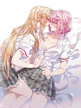 2girls amaori_renako ashigaya_high_school_uniform bed_sheet blonde_hair blush breasts cleavage collarbone collared_shirt commentary_request eye_contact hair_ornament hand_on_another's_stomach highres imminent_kiss large_breasts long_hair looking_at_another lying medium_hair multiple_girls neruyuribear on_back ouzuka_mai partially_unbuttoned pillow pink_hair plaid_clothes plaid_skirt purple_eyes school_uniform shirt short_sleeves simple_background skirt watashi_ga_koibito_ni_nareru_wake_naijan_murimuri! white_background white_shirt x_hair_ornament yuri