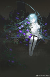 Rule 34 | 1other, akiyako, arm support, bare legs, barefoot, black shorts, black sky, blue hair, brick wall, closed eyes, closed mouth, dark background, dream catcher, facing viewer, floating hair, flower, full body, hair between eyes, highres, jewelry, long hair, morning glory, night, night sky, on wall, original, pale skin, pendant, purple flower, shirt, short sleeves, shorts, sitting, sky, solo, star (sky), straight-on, torn clothes, torn shirt, very long hair, weibo logo, weibo watermark, white shirt