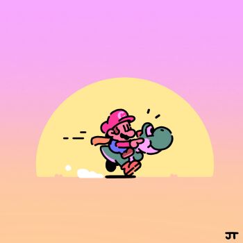 1boy blue_overalls brown_hair brown_shoes cape_mario chibi chibi_only closed_mouth commentary dinosaur english_commentary facial_hair from_side gradient_background hat highres james_turner long_sleeves male_focus mario mario_(series) motion_lines mustache nintendo notice_lines outdoors outstretched_arm overalls pointing pointing_forward red_hat red_shirt riding riding_dinosaur shirt shoes short_hair signature smile speed_lines sun sunset super_mario_world yoshi