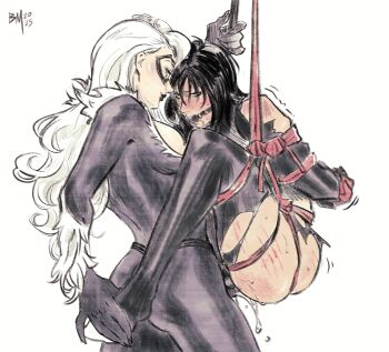 2girls ass ball_gag bdsm beckymastery black_bodysuit black_cat_(marvel) black_hair blush bodysuit bondage bound breasts cleavage commentary dildo english_commentary gag highres long_hair marvel multiple_girls pussy_juice sex sex_toy silk_(marvel) simple_background spider-man_(series) strap-on superhero_costume suspension torn_clothes white_hair yuri