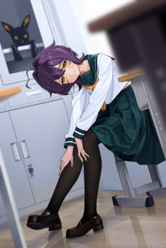 1girl absurdres ahoge black_pantyhose chair chinese_commentary closed_mouth commentary_request desk full_body green_skirt hair_between_eyes heart heart_ahoge highres hiiragi_utena huahu_(unstoppable) indoors loafers locker long_sleeves looking_at_viewer magia_baiser mahou_shoujo_ni_akogarete neckerchief orange_eyes pantyhose pleated_skirt purple_hair sailor_collar school_desk school_uniform serafuku shirt shoes short_hair sitting skirt solo venalita white_serafuku white_shirt yellow_eyes