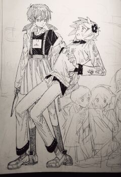 Rule 34 | 2boys, 3girls, absurdres, alternate costume, aubrey (faraway) (omori), aubrey (omori), basil (faraway) (omori), basil (omori), brother and sister, chinese commentary, closed mouth, collared shirt, commentary request, dual persona, flower, genderswap, genderswap (mtf), greyscale, hair flower, hair ornament, highres, holding, holding knife, hood, hood down, hooded jacket, jacket, knife, loafers, long sleeves, looking at another, low twintails, mari (faraway) (omori), mari (omori), monochrome, moonskysoon, multiple boys, multiple girls, omori, omori (omori), open clothes, open jacket, open mouth, pants, pleated skirt, shirt, shirt under sweater, shoes, short hair, short twintails, siblings, sidelocks, skirt, socks, sunny (omori), suspender skirt, suspenders, sweater, teeth, traditional media, twintails, upper teeth only