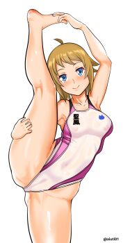 1girl absurdres ahoge aiuti barefoot blue_eyes brown_hair clothes_writing commentary_request commission competition_swimsuit covered_erect_nipples cowboy_shot gundam gundam_build_fighters gundam_build_fighters_try highres hoshino_fumina multicolored_swimsuit one-piece_swimsuit pixiv_commission see-through_clothes short_hair simple_background solo split standing standing_on_one_leg standing_split swimsuit white_background white_one-piece_swimsuit