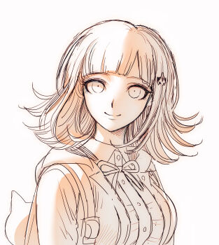 Rule 34 | 1girl, animal bag, cat bag, commentary request, danganronpa (series), danganronpa 2: goodbye despair, dress shirt, flipped hair, hair ornament, highres, hood, hood down, jacket, medium hair, nanami chiaki, neck ribbon, open clothes, open jacket, ribbon, shirt, simple background, smile, solo, uranagi (uranaginasi)