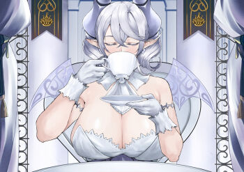 1girl breasts chair cleavage closed_eyes closed_mouth commentary_request cup demon_girl demon_horns demon_wings dress drill_hair drinking duel_monster earrings eyelashes gloves grey_hair highres holding holding_cup horns huge_breasts jewelry lovely_labrynth_of_the_silver_castle no10_direct pointy_ears sitting solo strapless strapless_dress table transparent_wings twin_drills upper_body white_dress white_gloves white_wings wings yu-gi-oh!