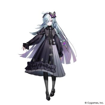 ahoge belt black_belt black_bow black_bowtie black_pantyhose bow bow_hairband bowtie braid bug bukurote butterfly catriona commentary_request company_name dress frilled_dress frilled_skirt frilled_sleeves frills gothic_lolita gradient_hair hair_over_one_eye hairband insect lolita_fashion long_hair long_skirt mary_janes multicolored_hair pantyhose parted_lips patterned_legwear pleated_skirt shadowverse shadowverse:_worlds_beyond shoes skirt white_background white_hair