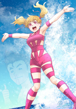 Rule 34 | absurdres, armband, artist name, blood, blue sky, bodysuit, boots, breasts, brown hair, chinen daisuke, cloud, cloudy sky, commentary, dated, day, dutch angle, fresh precure!, highres, hot limit, medium breasts, medium hair, momozono love, nosebleed, open mouth, outdoors, outstretched arms, pink bodysuit, pink boots, pink eyes, precure, satou yasu, signature, sky, smile, spread arms, standing, t.m.revolution, thumbs up, twintails, wristband