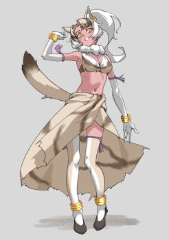 1girl absurdres animal_ear_fluff animal_ears armpits bare_shoulders bindi bracelet breasts brown_hair commentary dark-skinned_female dark_skin elbow_gloves facial_mark forehead_mark full_body fur_collar gloves grey_background grin hand_up high_ponytail highres indian_wolf_(kemono_friends) jewelry kemono_friends long_hair long_sleeves looking_at_viewer medium_breasts midriff navel parted_bangs ponytail simple_background smile solo standing tail tanabe_(fueisei) thighhighs white_gloves white_hair wolf_ears wolf_girl wolf_tail yellow_eyes