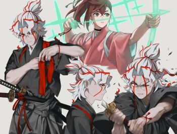 Rule 34 | 1boy, 1girl, alternate costume, archery, arrow (projectile), ayase momo, black choker, black hakama, black kimono, bow (weapon), bracelet, brown eyes, brown hair, choker, cowboy shot, dandadan, earrings, fighting stance, floating hair, from side, glasses, grey background, hair between eyes, hakama, hakama pants, hashtag-only commentary, high ponytail, highres, holding, holding arrow, holding bow (weapon), holding sword, holding weapon, japanese clothes, jewelry, katana, kimono, multicolored hair, multiple views, pants, parted lips, pink kimono, ponytail, profile, red eyes, red hair, round eyewear, sheath, sheathed, short hair, sparkle, sword, takakura ken (dandadan), takakura ken (transformed) (dandadan), transformation, two-tone hair, upper body, weapon, white hair, wide sleeves, wolf6481