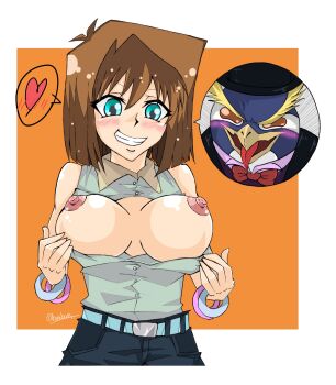 1girl bad_end bird blush breasts breasts_apart breasts_out brown_hair clenched_teeth green_eyes jewelry large_breasts mazaki_anzu medium_hair necklace nightmare_penguin nipples no_bra penguin possessed shirt sleeveless sleeveless_turtleneck smile teeth turtleneck upper_body yu-gi-oh! yu-gi-oh!_duel_monsters
