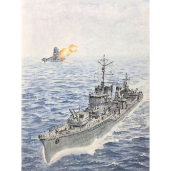 Rule 34 | anti-aircraft, anti-aircraft gun, atelier bono, battleship, commentary request, destroyer, firing, highres, imperial japanese navy, isokaze (destroyer), mast, military, military vehicle, no humans, ocean, operation ten-gou, original, painting (medium), rising sun flag, sailing, ship, ship turret, sunburst, traditional media, type 96 aa gun, vehicle focus, warship, watercolor (medium), watercraft, world war ii, yamato (battleship)