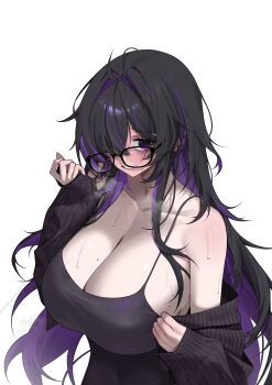 Rule 34 | 1girl, absurdres, bags under eyes, bare shoulders, black-framed eyewear, black cardigan, black dress, black hair, breasts, breath, cardigan, colored inner hair, commentary request, covered navel, dongtan dress, dress, glasses, goddess of victory: nikke, hair over one eye, highres, huge breasts, korean commentary, label (nikke), long hair, long sleeves, looking at viewer, mole, mole on breast, multicolored hair, nangmanheeyou, pale skin, purple eyes, purple hair, ribbed cardigan, simple background, solo, sweat, taut clothes, taut dress, two-tone hair, upper body, veins, veiny breasts, very long hair, wavy mouth, white background