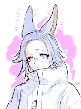 1boy :3 animal_ears aotsuki_eito bright_pupils chinese_commentary commentary_request glasses grey_hair highres jacket kemonomimi_mode looking_at_viewer male_focus pink_background purple_eyes rabbit_boy rabbit_ears short_hair sketch solo the_hundred_line_-last_defense_academy- two-tone_background upper_body white_background white_jacket white_pupils zhongerrenbenren