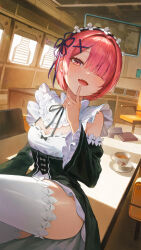 Rule 34 | 1girl, absurdres, black sleeves, blue ribbon, blush, breasts, detached sleeves, fang, finger to mouth, goddess of victory: nikke, hair ornament, hair over one eye, hair ribbon, highres, ikkia, index finger raised, looking at viewer, maid, maid headdress, open mouth, pink hair, ram (re:zero), re:zero kara hajimeru isekai seikatsu, red eyes, red hair, ribbon, short hair, skin fang, small breasts, smile, solo, thighhighs, thighs, white thighhighs, x hair ornament