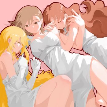 3girls blonde_hair brown_eyes brown_hair commentary dress elbow_gloves gloves hair_down highres jaajaa3322 long_hair lying medium_hair misaka_mikoto multiple_girls shirai_kuroko shokuhou_misaki simple_background sleeping sleeveless sleeveless_dress symbol-only_commentary toaru_kagaku_no_railgun toaru_majutsu_no_index very_long_hair white_dress white_gloves