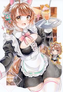 1girl :d alternate_costume animal_ears apron black_dress bow breasts brown_eyes brown_hair checkered_ribbon chibi cleavage cleavage_cutout clothing_cutout commentary_request cowboy_shot dantsu_flame_(umamusume) dress ear_covers ear_ribbon enmaided food green_ribbon highres holding holding_tray horse_ears horse_girl horse_tail long_sleeves looking_at_viewer maid maid_headdress marker_(medium) medium_breasts multiple_views neck_ribbon open_mouth parfait pink_ribbon ribbon shin_kun30 short_hair smile spoon tail thighhighs traditional_media tray twitter_username umamusume watermark white_apron white_thighhighs zettai_ryouiki