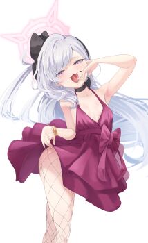1girl :3 absurdres armpits blue_archive breasts choker clothes_lift dress dress_lift fishnet_pantyhose fishnets grey_hair hair_ornament highres legs loli mesugaki mutsuki_(blue_archive) pantyhose purple_eyes shizuki_eri small_breasts smile solo standing thighs tongue tongue_out white_background