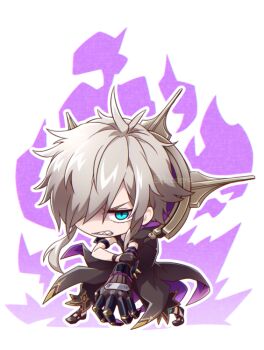 Rule 34 | 0nodera, 1boy, asymmetrical arms, black gloves, blue eyes, chibi, chibi only, commentary request, fafnir (n-innocence), full body, gloves, grey hair, grimace, hair over one eye, male focus, n-innocence, sharp teeth, sidelocks, solo, teeth, white background