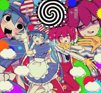 +_+ 2girls :d apron artist_name back_bow black_eyes black_necktie blue_dress blue_eyes blue_hair blue_hat blush bow cloud confetti crazy dress drill_hair empty_eyes fake_transparency frilled_apron frilled_dress frills gloves hair_between_eyes hat hatsune_miku highres kasane_teto leg_up long_hair looking_at_viewer mesmerizer_(vocaloid) multiple_girls necktie open_mouth pants pinstripe_dress pinstripe_pattern puffy_short_sleeves puffy_sleeves red_bow red_eyes red_hair red_pants roller_skates senn10000 shaded_face sharp_teeth shirt short_sleeves skates smile socks sparkle spiral standing standing_on_one_leg striped_bow striped_clothes striped_shirt suspenders sweat teeth tongue tongue_out tridecagram twin_drills twintails twitter_username utau visor_cap vocaloid waist_apron white_apron white_bow white_shirt white_socks wrist_cuffs yellow_gloves