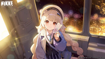 1girl absurdres bag black_vest blue_bag blue_jacket blue_necktie blue_shirt braid brown_eyes closed_mouth collared_shirt commentary english_commentary goddess_of_victory:_nikke grey_hair hair_ornament hairpin hat highres holding holding_ticket indoors jacket laughing long_hair long_sleeves looking_at_viewer necktie night official_art open_clothes open_jacket pleated_skirt satchel shirt shoes skirt smile soline_(frost_ticket)_(nikke) soline_(nikke) solo standing ticket train_interior twin_braids very_long_hair vest white_hat white_shirt