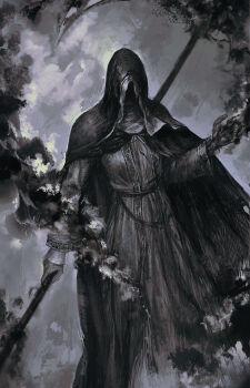 1girl absurdres black_hood cloak covered_eyes dark_souls_(series) dark_souls_iii dress fromsoftware grey_background greyscale habit highres holding holding_scythe holding_weapon hood junjiuk long_sleeves miasma monochrome nun painterly scythe sister_friede solo standing weapon whisp