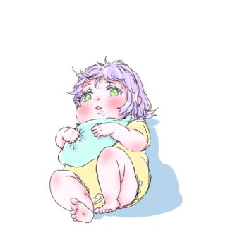 1girl apron baby commentary_request drooling green_eyes highres love_live! plus+ purple_hair simple_background solo tojo_nozomi