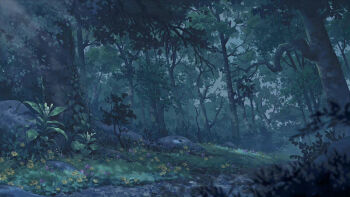 flower forest grass hanxiaodan nature night no_humans original outdoors path pink_flower road rock scenery tree yellow_flower