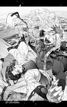 1boy 1girl absurdres breasts butterfly_hair_ornament closed_mouth commentary_request defeat demon_slayer_uniform douma_(kimetsu_no_yaiba) fingernails greyscale hair_ornament haori highres holding_hands injury interlocked_fingers japanese_clothes kimetsu_no_yaiba kochou_shinobu large_breasts long_hair long_sleeves monochrome muscular muscular_male muyukikiyoshi11521 open_mouth overpowering short_hair sidelocks smile sweat teeth thick_eyebrows tongue twitter_username veins veiny_face watermark wince